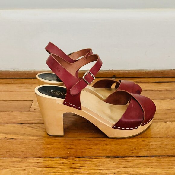 Swedish Hasbeens Shoes - Swedish Hasbeen Merci Strap Clog Sandal In Bordeaux  Burgundy Size 38 Size 7.5